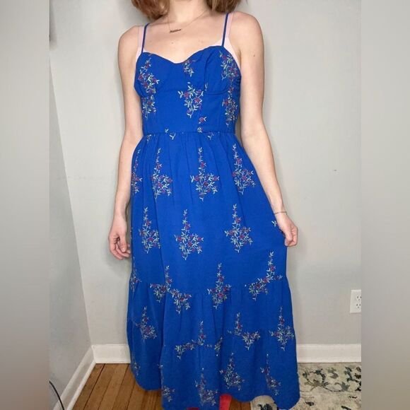 Betsy Johnson Royal Blue Rose Embroidery Floral Maxi Ruffled Bustier Dress - Picture 1 of 15